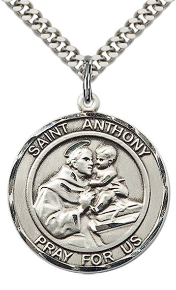 STERLING SILVER ST ANTHONY PENDANT WITH CHAIN - 1" x 7/8"