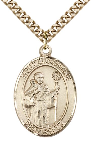 14KT GOLD FILLED ST AUGUSTINE PENDANT WITH CHAIN - 1" x 3/4"