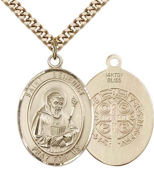 14KT GOLD FILLED ST BENEDICT PENDANT WITH CHAIN - 1" x 3/4"