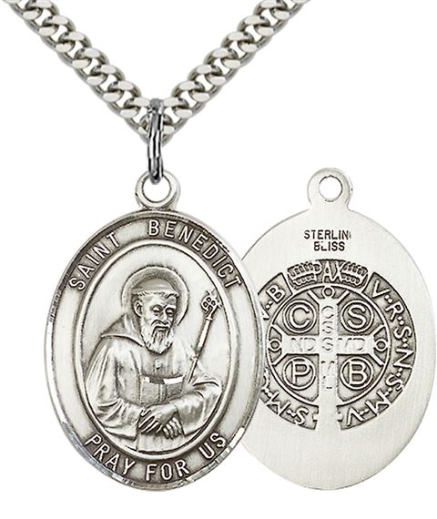 STERLING SILVER ST BENEDICT PENDANT WITH CHAIN - 1" x 3/4"