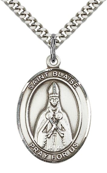 STERLING SILVER ST BLAISE PENDANT WITH CHAIN - 1" x 3/4"