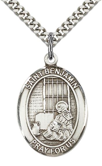 STERLING SILVER ST BENJAMIN PENDANT WITH CHAIN - 1" x 3/4"