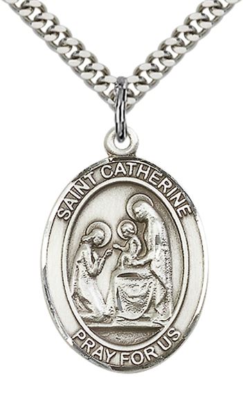 STERLING SILVER ST CATHERINE OF SIENA PENDANT WITH CHAIN - 1" x 3/4"