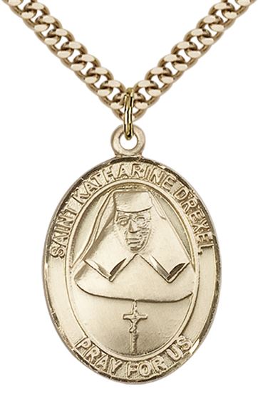 14KT GOLD FILLED ST KATHARINE DREXEL PENDANT WITH CHAIN - 1" x 3/4"