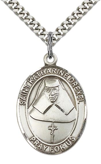 STERLING SILVER ST KATHARINE DREXEL PENDANT WITH CHAIN - 1" x 3/4"