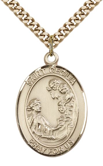 14KT GOLD FILLED ST CECILIA PENDANT WITH CHAIN - 1" x 3/4"
