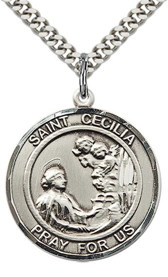 STERLING SILVER ST CECILIA PENDANT WITH CHAIN - 1" x 7/8"