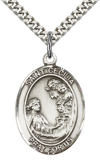STERLING SILVER ST CECILIA PENDANT WITH CHAIN - 1" x 3/4"