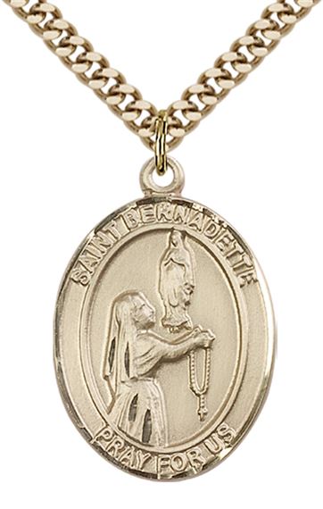 14KT GOLD FILLED ST BERNADETTE PENDANT WITH CHAIN - 1" x 3/4"