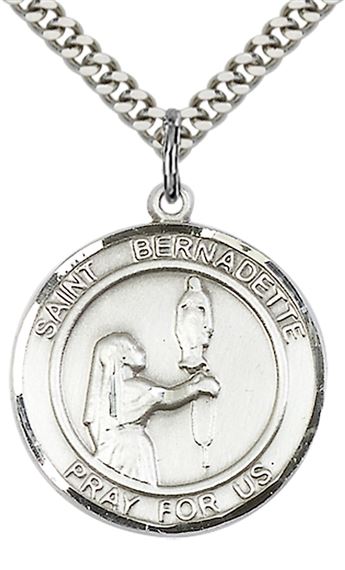 STERLING SILVER ST BERNADETTE PENDANT WITH CHAIN - 1" x 7/8"