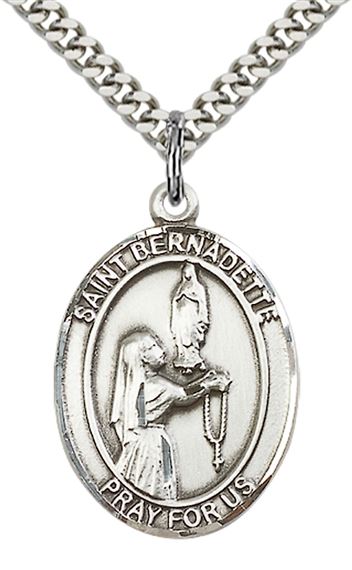 STERLING SILVER ST BERNADETTE PENDANT WITH CHAIN - 1" x 3/4"