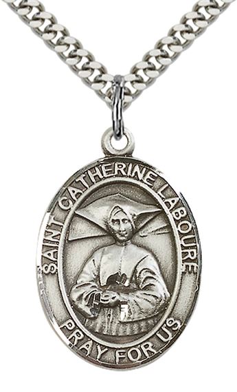 STERLING SILVER ST CATHERINE LABOURE PENDANT WITH CHAIN - 1" x 3/4"