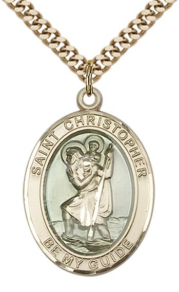 14KT GOLD FILLED ST CHRISTOPHER W-EPOXY PENDANT WITH CHAIN - 1" x 3/4"