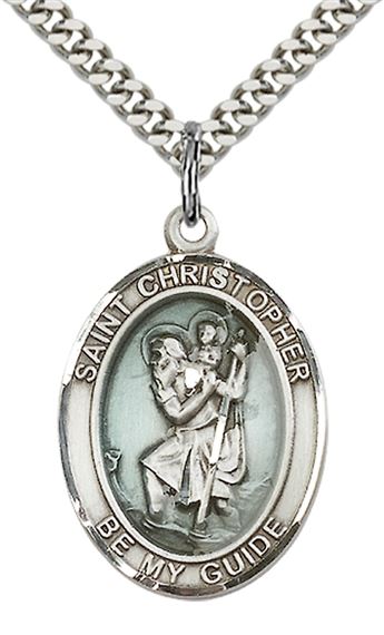STERLING SILVER ST CHRISTOPHER PENDANT WITH CHAIN - 1" x 3/4"