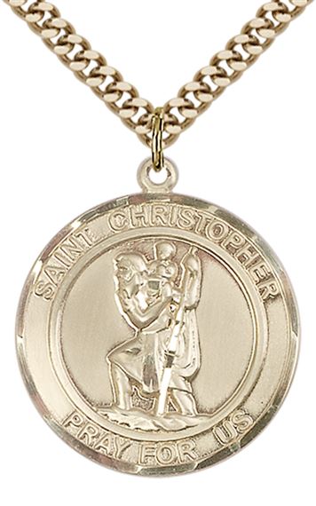 14KT GOLD FILLED ST CHRISTOPHER PENDANT WITH CHAIN - 1" x 7/8"