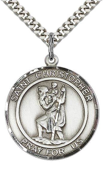 STERLING SILVER ST CHRISTOPHER PENDANT WITH CHAIN - 1" x 7/8"
