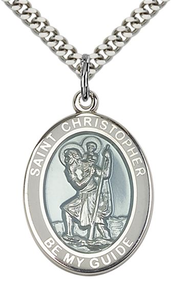 STERLING SILVER ST CHRISTOPHER PENDANT WITH CHAIN - 1" x 3/4"