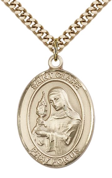 14KT GOLD FILLED ST CLARE OF ASSISI PENDANT WITH CHAIN - 1" x 3/4"