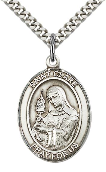 STERLING SILVER ST CLARE OF ASSISI PENDANT WITH CHAIN - 1" x 3/4"