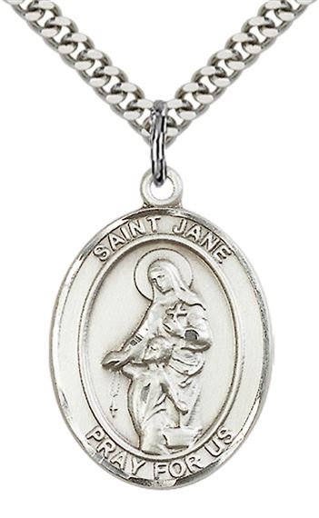 STERLING SILVER ST JANE OF VALOIS PENDANT WITH CHAIN - 1" x 3/4"