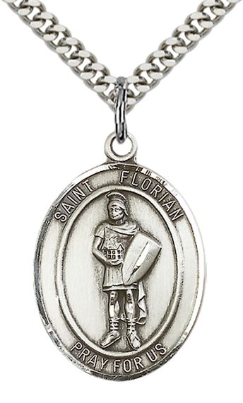STERLING SILVER ST FLORIAN PENDANT WITH CHAIN - 1" x 3/4"