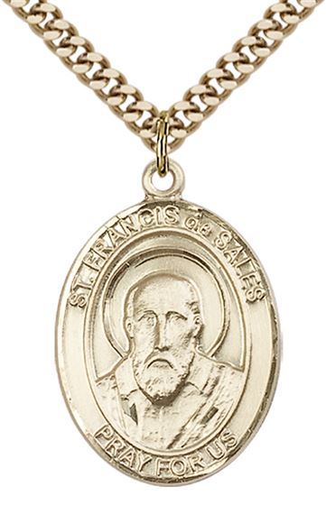 14KT GOLD FILLED ST FRANCIS DE SALES PENDANT WITH CHAIN - 1" x 3/4"