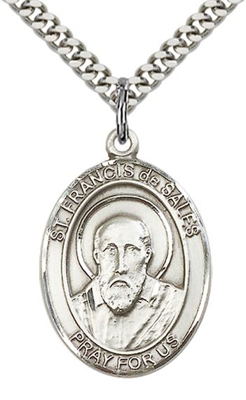 STERLING SILVER ST FRANCIS DE SALES PENDANT WITH CHAIN - 1" x 3/4"