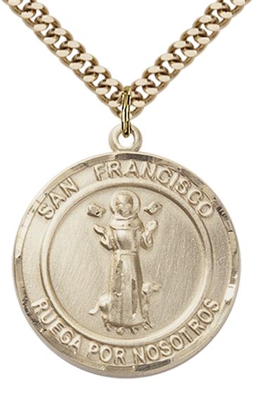 GOLD FILLED SAN FRANCIS OF ASSISI PENDANT ON A CHAIN - 1" x 7/8"