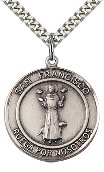 STERLING SILVER SAN FRANCIS OF ASSISI PENDANT WITH CHAIN - 1" x 7/8"