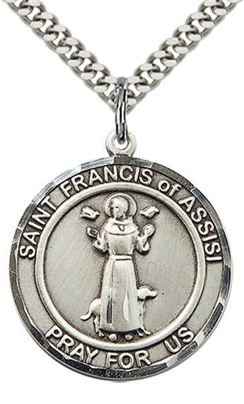 STERLING SILVER ST FRANCIS OF ASSISI PENDANT WITH CHAIN - 1" x 7/8"