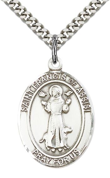 STERLING SILVER ST FRANCIS OF ASSISI PENDANT WITH CHAIN - 1" x 3/4"