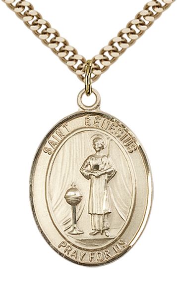 14KT GOLD FILLED ST GENESIUS OF ROME PENDANT WITH CHAIN - 1" x 3/4"