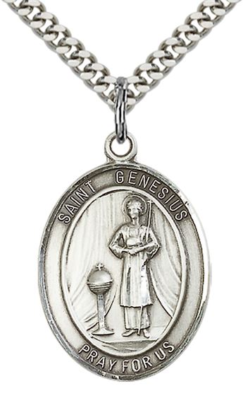 STERLING SILVER ST GENESIUS OF ROME PENDANT WITH CHAIN - 1" x 3/4"