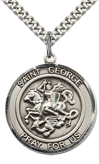 STERLING SILVER ST GEORGE PENDANT WITH CHAIN - 1" x 7/8"