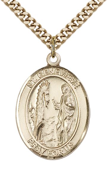 14KT GOLD FILLED ST GENEVIEVE PENDANT WITH CHAIN - 1" x 3/4"