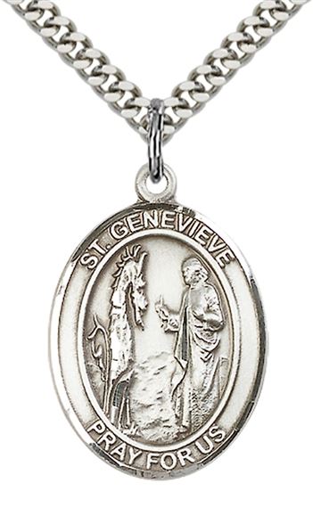 STERLING SILVER ST GENEVIEVE PENDANT WITH CHAIN - 1" x 3/4"