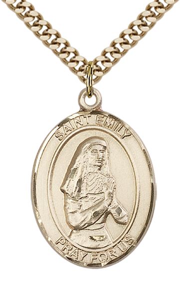 14KT GOLD FILLED ST EMILY DE VIALAR PENDANT WITH CHAIN - 1" x 3/4"