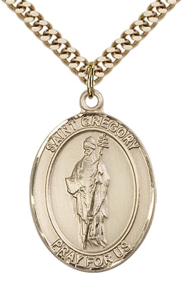 14KT GOLD FILLED ST GREGORY THE GREAT PENDANT WITH CHAIN - 1" x 3/4"