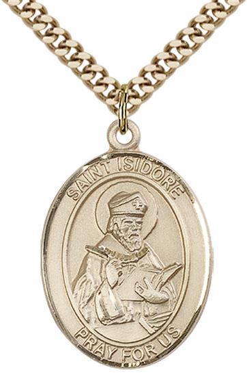 14KT GOLD FILLED ST ISIDORE OF SEVILLE PENDANT WITH CHAIN - 1" x 3/4"