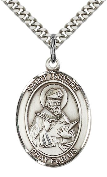 STERLING SILVER ST ISIDORE OF SEVILLE PENDANT WITH CHAIN - 1" x 3/4"