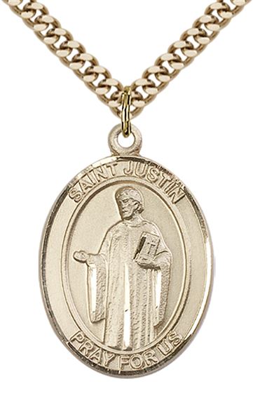 14KT GOLD FILLED ST JUSTIN PENDANT WITH CHAIN - 1" x 3/4"