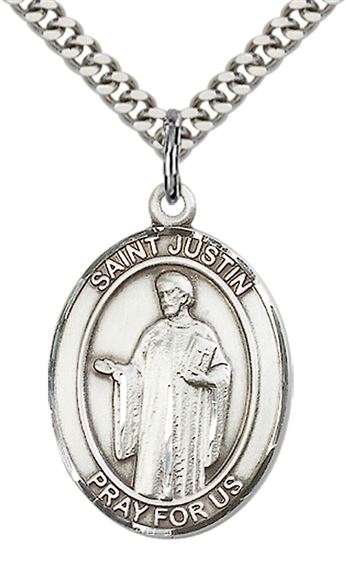 STERLING SILVER ST JUSTIN PENDANT WITH CHAIN - 1" x 3/4"