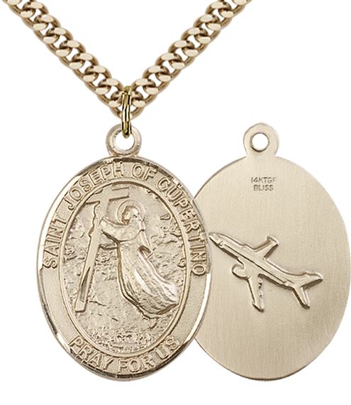14KT GOLD FILLED ST JOSEPH OF CUPERTINO PENDANT WITH CHAIN - 1" x 3/4"
