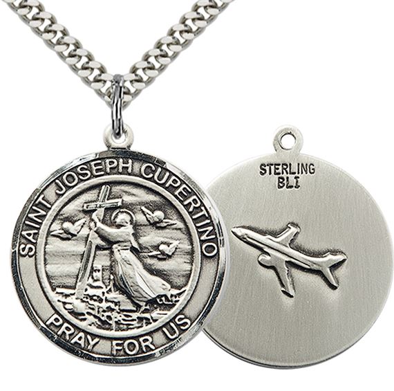 STERLING SILVER ST JOSEPH OF CUPERTINO PENDANT WITH CHAIN - 1" x 7/8"