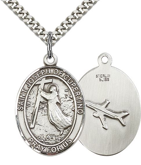 STERLING SILVER ST JOSEPH OF CUPERTINO PENDANT WITH CHAIN - 1" x 3/4"