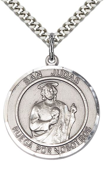 STERLING SILVER SAN JUDAS PENDANT WITH CHAIN - 1" x 7/8"