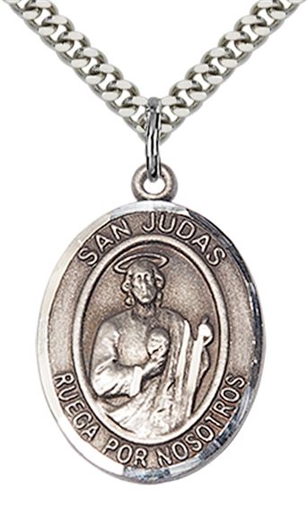 STERLING SILVER SAN JUDAS PENDANT WITH CHAIN - 1" x 3/4"