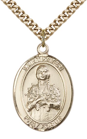 14KT GOLD FILLED ST KATERI PENDANT WITH CHAIN - 1" x 3/4"