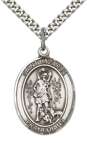 STERLING SILVER ST LAZARUS PENDANT WITH CHAIN - 1" x 3/4"