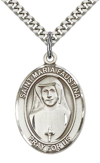 STERLING SILVER ST MARIA FAUSTINA PENDANT WITH CHAIN - 1" x 3/4"